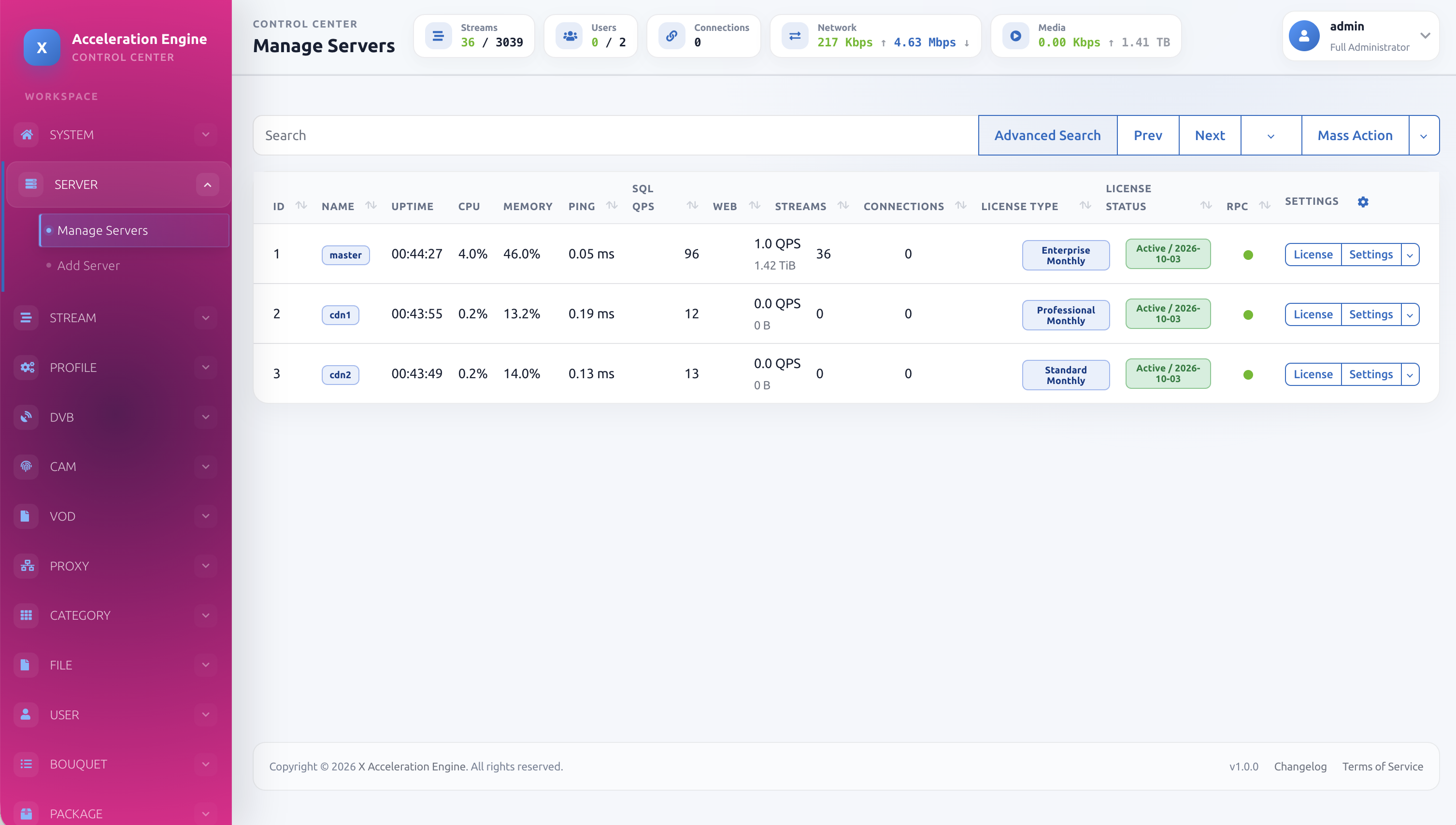 X Acceleration Engine Manage Servers page